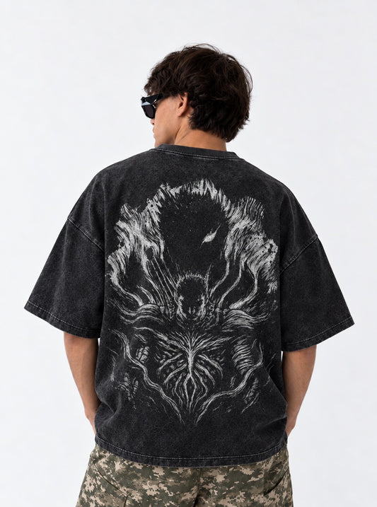 Berserk Boxy Washed T-Shirt on model, back view