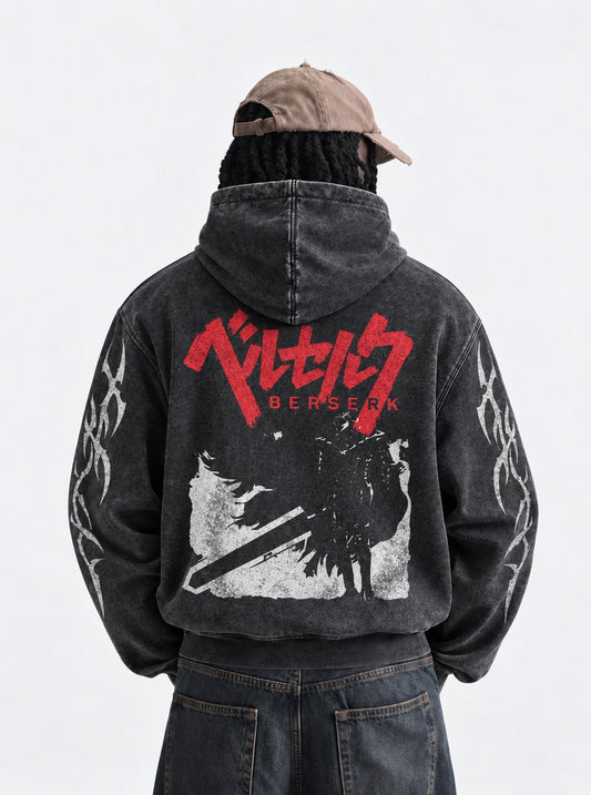 Berserk Casual Washed Hoodie on model, back view