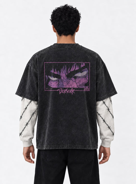 Berserk Core Double Sleeves Washed T-Shirt on model, back view
