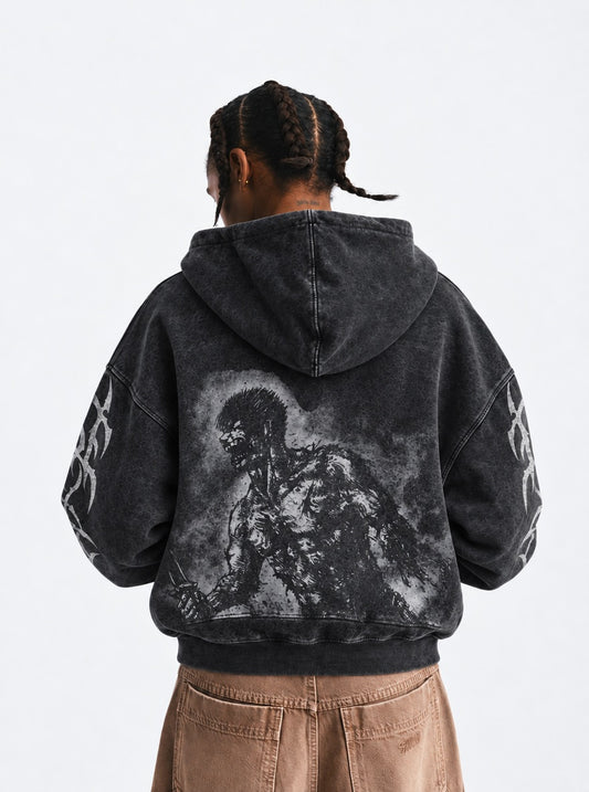 Berserk Cozy Washed Hoodie on model, back view