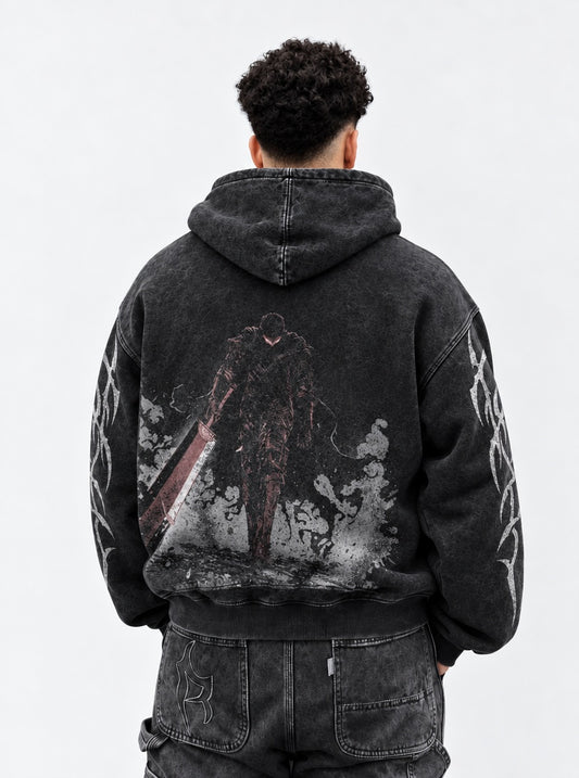 Berserk Durable Washed Hoodie on model, back view
