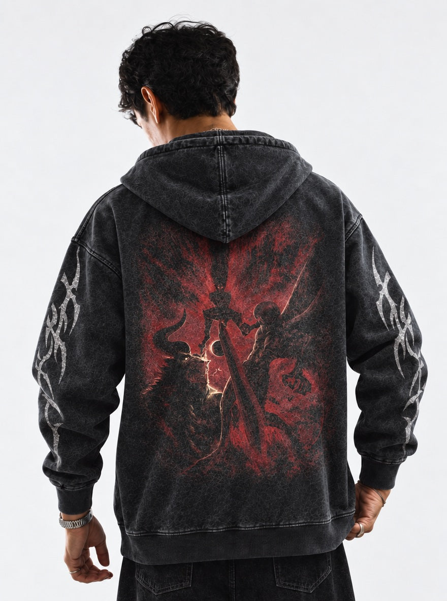 Berserk Eclipse Clash Washed Hoodie on model, back view