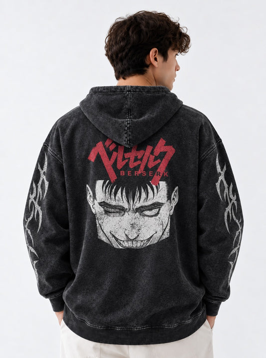Berserk Faded Washed Hoodie on model, back view