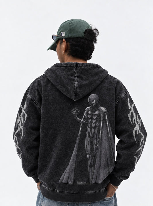 Berserk Femto Washed Hoodie on model, back view