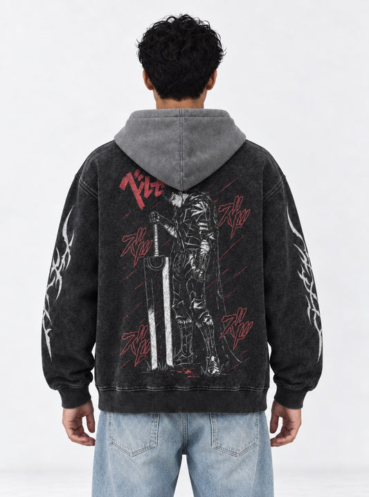 Berserk French-terry Black and Gray Washed Hoodie on model, back view
