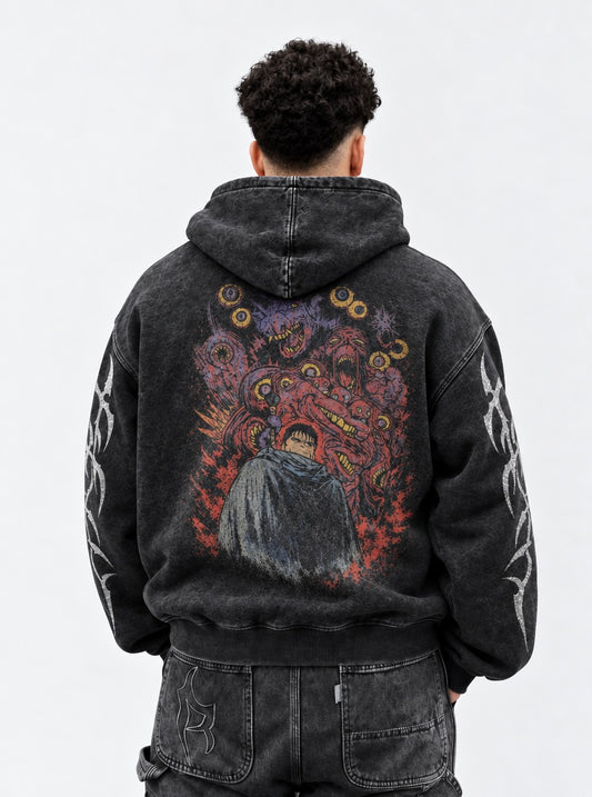 Berserk French-terry Washed Hoodie on model, back view