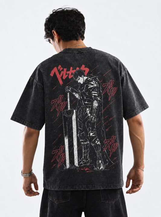 Berserk French-terry Washed T-Shirt on model, back view