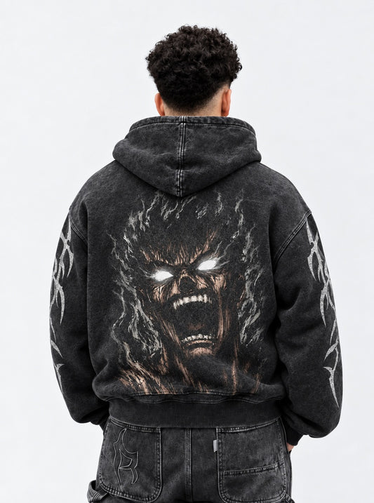 Berserk Guts Rage Washed Hoodie on model, back view