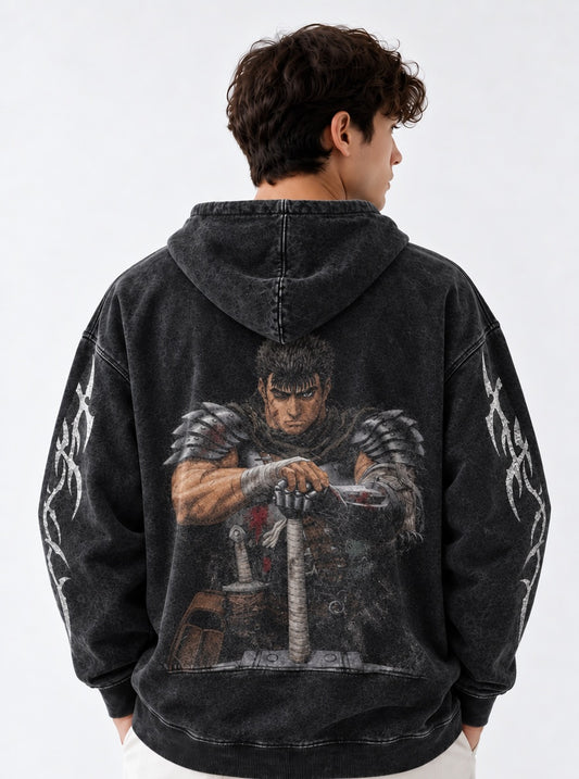 Berserk Guts Resolve Washed Hoodie on model, back view