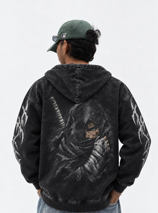 Berserk Hooded Guts Washed Hoodie on model, back view