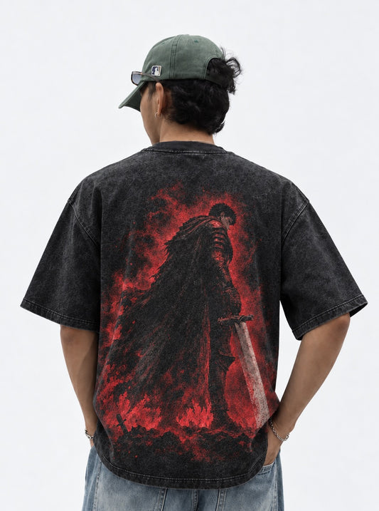 Berserk Inferno Swordsman Washed T-Shirt on model, back view