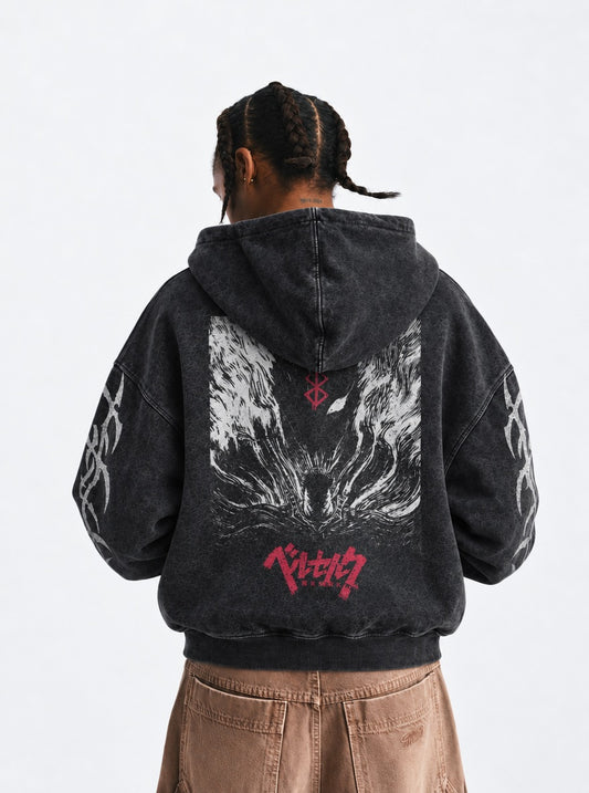Berserk Loose-fit Washed Hoodie on model, back view
