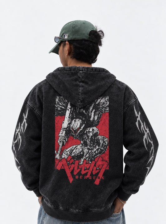 Berserk Modern Washed Hoodie on model, back view