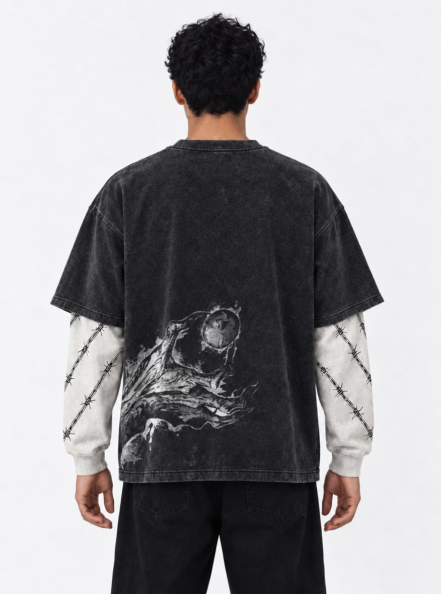Berserk Premium Double Sleeves Washed T-Shirt on model, back view