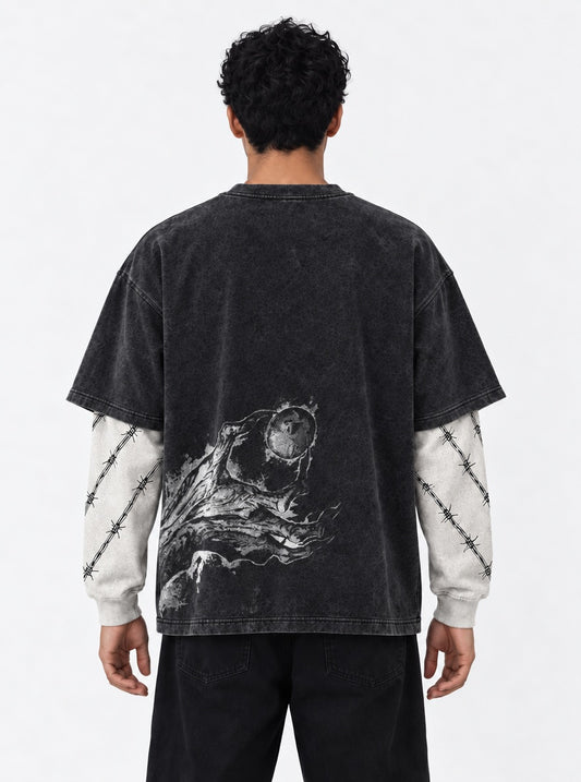 Berserk Premium Double Sleeves Washed T-Shirt on model, back view