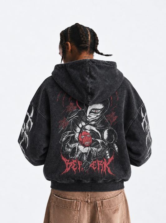 Berserk Printed Washed Hoodie on model, back view