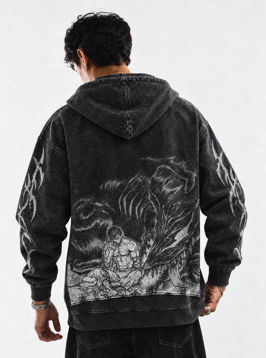 Berserk Relaxed Washed Hoodie on model, back view