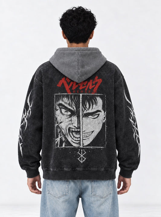 Berserk Ribbed Black and Gray Washed Hoodie on model, back view