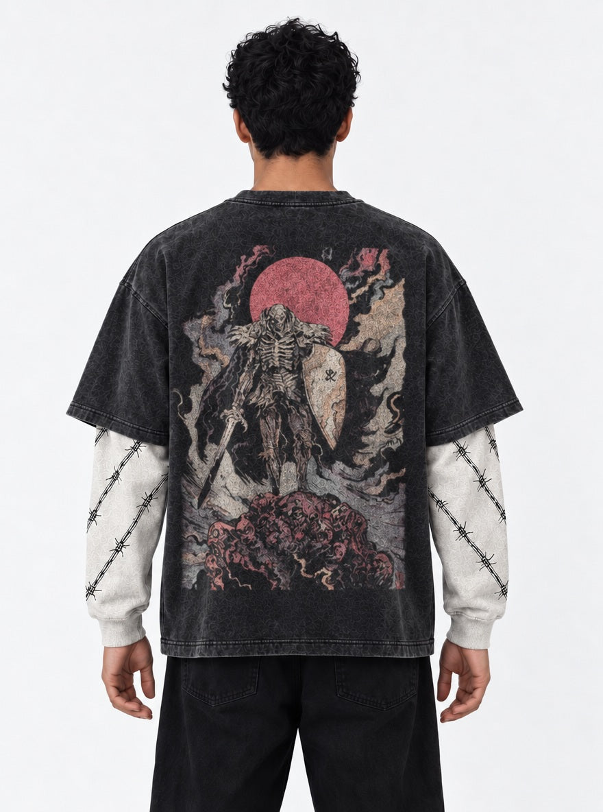 Berserk Signature Double Sleeves Washed T-Shirt on model, back view