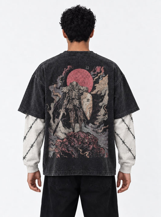 Berserk Signature Double Sleeves Washed T-Shirt on model, back view