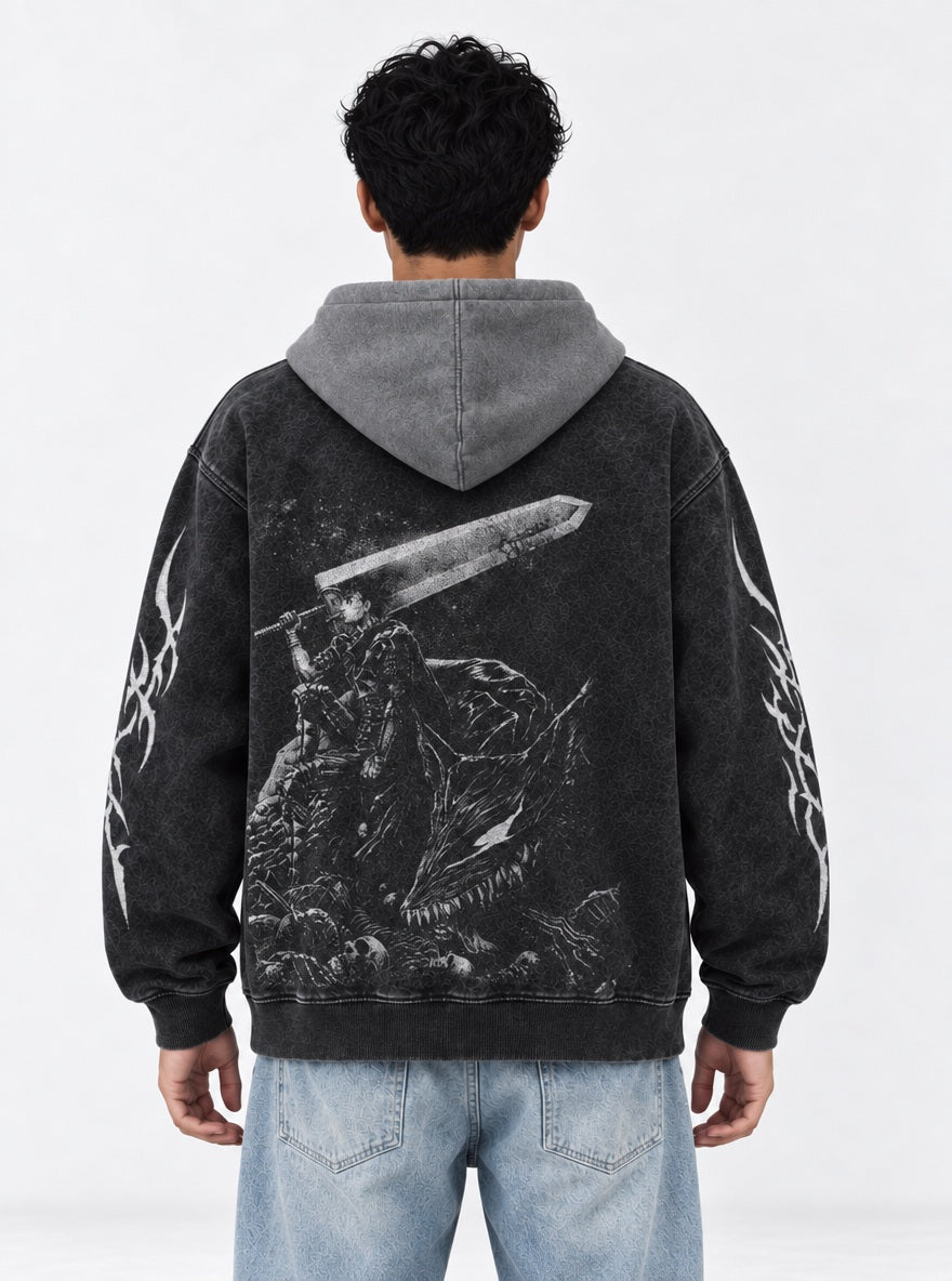 Berserk Sleek Black and Gray Washed Hoodie on model, back view