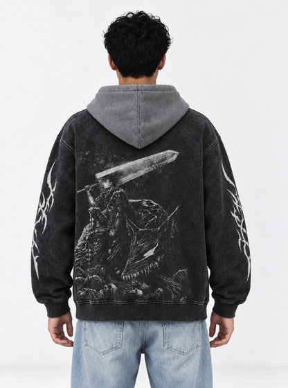 Berserk Sleek Black and Gray Washed Hoodie on model, back view