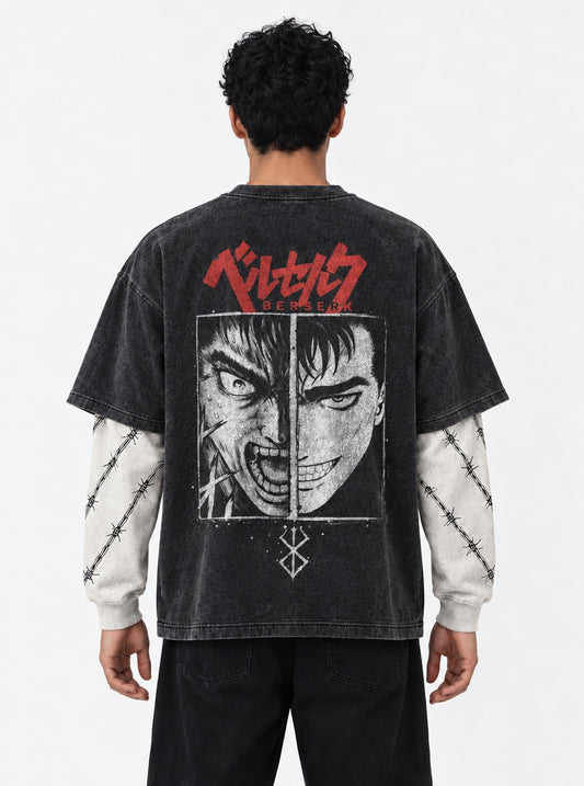 Berserk Statement Double Sleeves Washed T-Shirt on model, back view