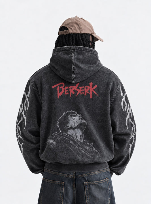 Berserk Streetwear Washed Hoodie on model, back view