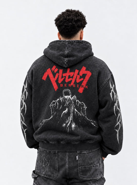 Berserk Tailored Washed Hoodie on model, back view