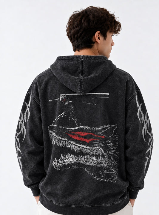 Berserk Textured Washed Hoodie on model, back view