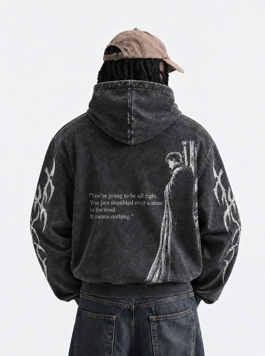 Berserk Timeless Washed Hoodie on model, back view
