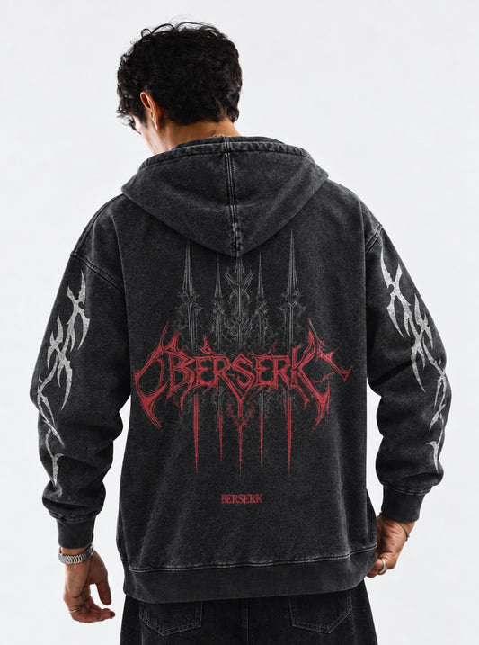 Berserk Versatile Washed Hoodie on model, back view