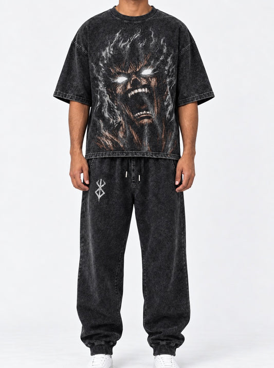 Berserk Washed Black Swordsman T-Shirt and Joggers Combo on model, front view
