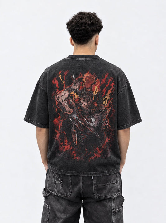 Berserk Fiery Guts Washed T-Shirt on model, back view