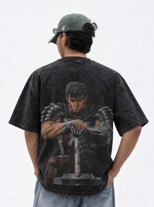 Berserk Guts Resolve Washed T-Shirt on model, back view