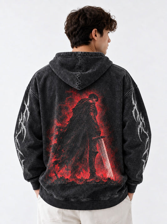 Berserk Inferno Swordsman Washed Hoodie on model, back view