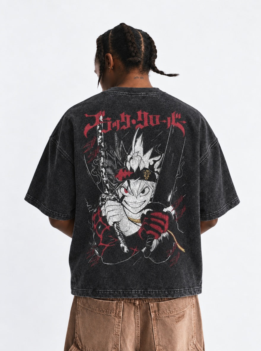 Black Clover Washed Washed T-Shirt on model, back view