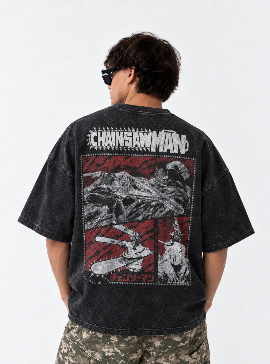 Chainsaw Man Oversized Washed T-Shirt on model, back view