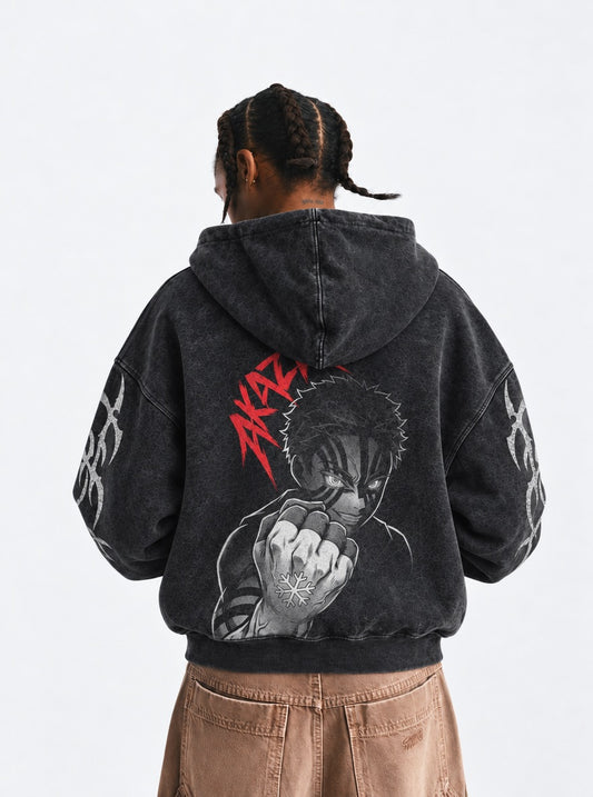 Demon Slayer Akaza Fist Washed Hoodie on model, back view