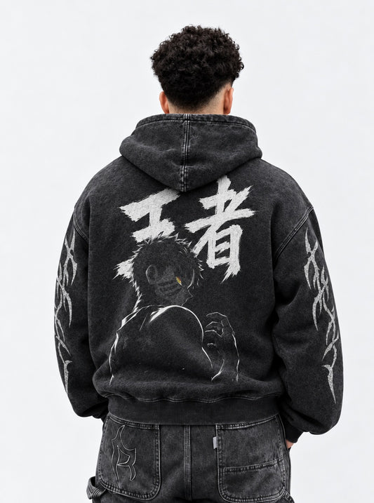 Demon Slayer Akaza King Washed Hoodie on model, back view