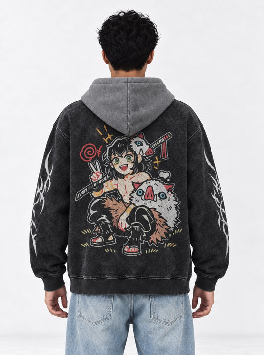 Demon Slayer All-season Black and Gray Washed Hoodie on model, back view