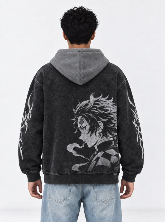 Demon Slayer Bold Black and Gray Washed Hoodie on model, back view