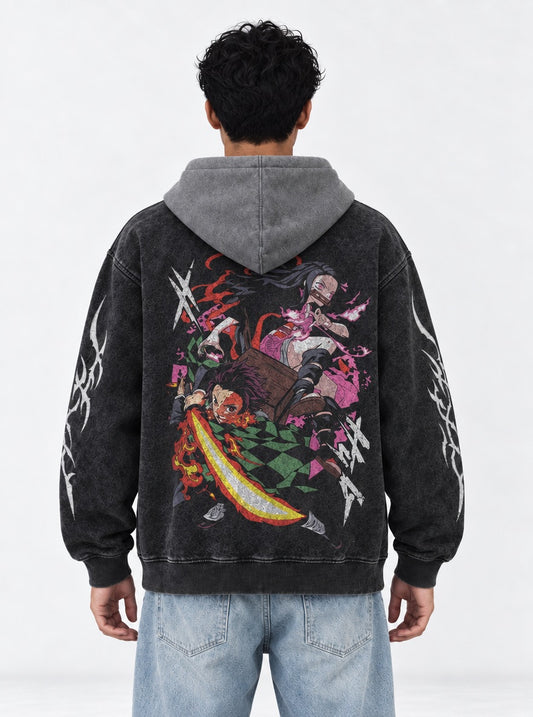 Demon Slayer Boxy Black and Gray Washed Hoodie on model, back view