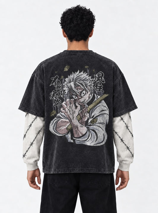 Demon Slayer Boxy Double Sleeves Washed T-Shirt on model, back view