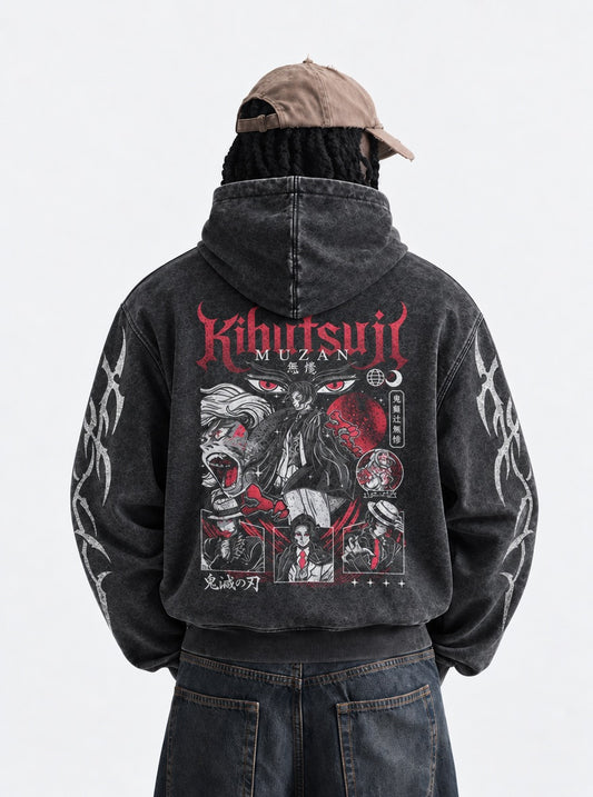 Demon Slayer Boxy Washed Hoodie on model, back view