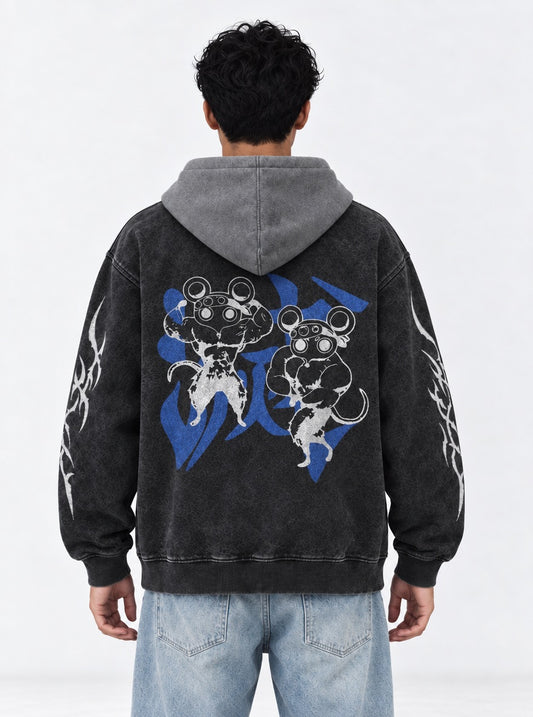 Demon Slayer Breathable Black and Gray Washed Hoodie on model, back view