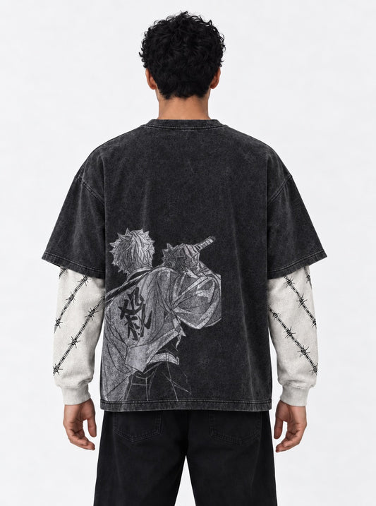 Demon Slayer Breathable Double Sleeves Washed T-Shirt on model, back view