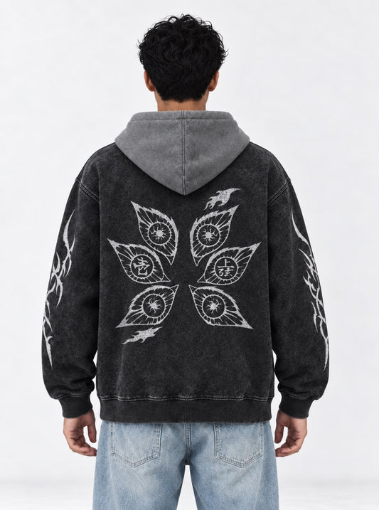 Demon Slayer Casual Black and Gray Washed Hoodie on model, back view
