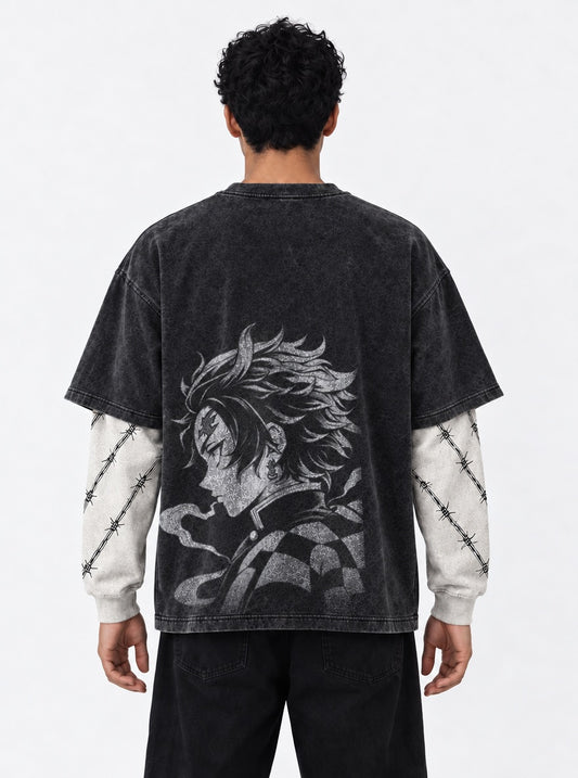 Demon Slayer Casual Double Sleeves Washed T-Shirt on model, back view