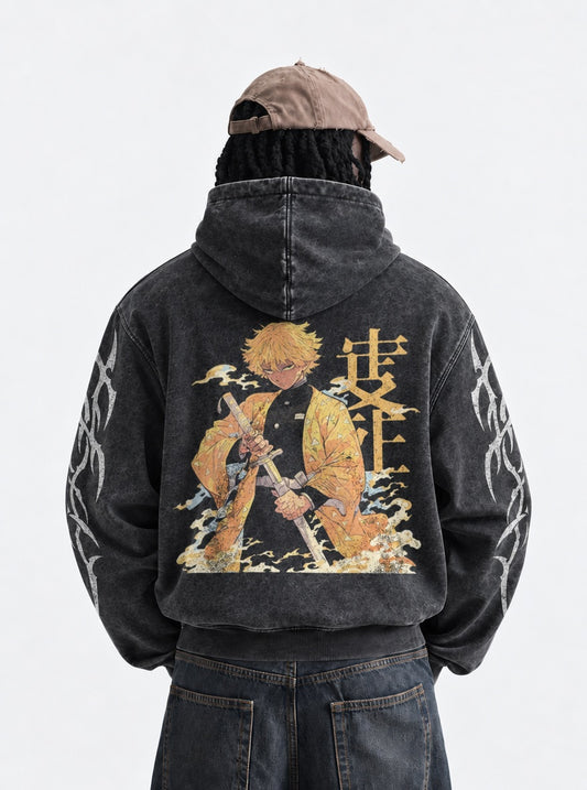 Demon Slayer Casual Washed Hoodie on model, back view